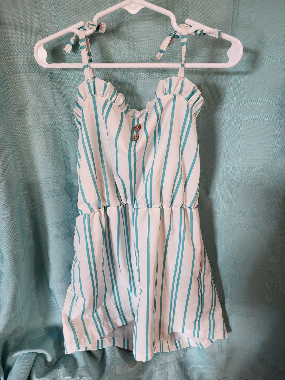 Little Girls 9y White and Teal Stripe Sundress Romper - Kids Bottoms